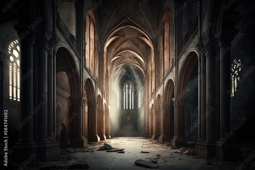 Poster searching for answers in an unoccupied cathedral: an empty church imagery generative ai