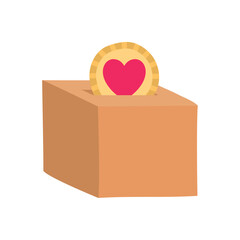 vector icon of cardboard box with a coin in the shape of a valentine heart with white background 
