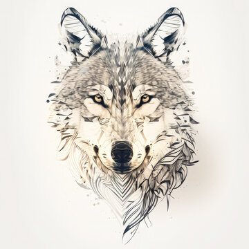 Wolf head illustration on a white background. Generative AI.