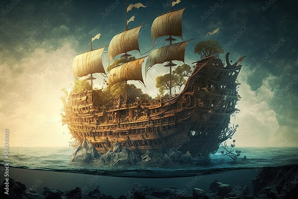 Poster setting sail into unknown territories: the captivating floating pirate ship generative ai