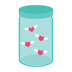 vector icon of flask inside valentine hearts with wings with white background 
