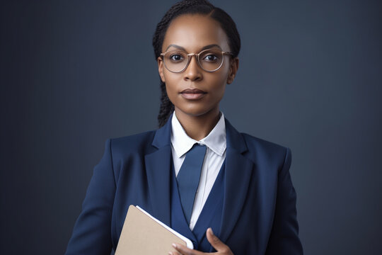 Mulher negra usando um terno azul e segurando uma prancheta com fundo azul escuro