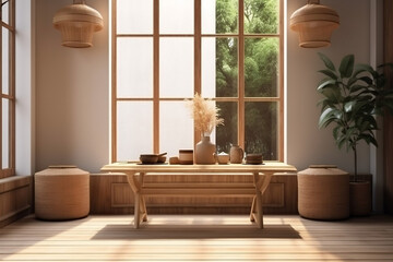 Ambiente 3d com uma bela mesa em madeira em frente de uma janela grande  - obrazy, fototapety, plakaty