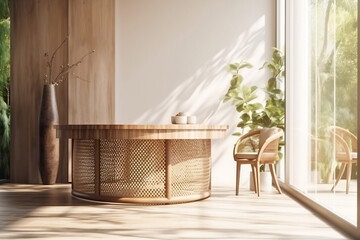 Ambiente 3d de uma mesa redonda de madeira e uma cadeira de maneira em uma sala com paredes bege e uma grande janela