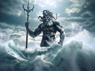 mythological poseidon figure, underwater kingdom ruler, generative AI - obrazy, fototapety, plakaty