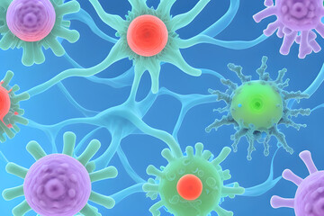 Obraz na płótnie Canvas Microworld microbiological illustration of viruses or bacteria. Generative AI