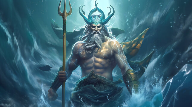 powerful poseidon trident symbol, ocean authority, generative AI
