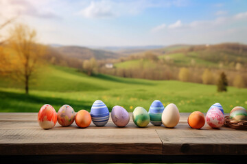 Ovos de páscoa coloridos em cima de uma mesa de madeira em frente a uma linda paisagem de primavera desfocado