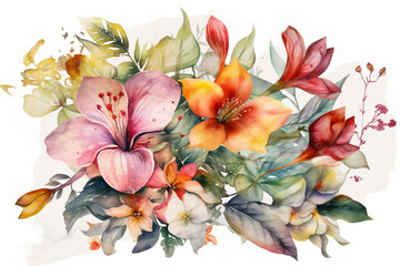 Ilustração de lindas flores coloridas em aquarela com fundo branco