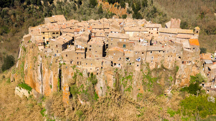 Aerial view of old town of Calcata, in the Province of Viterbo, Lazio, Italy. The town overlooking...