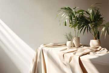 Ambiente 3d de uma mesa com tecidos bege em cima e plantas com fundo claro e iluminação da janela - obrazy, fototapety, plakaty