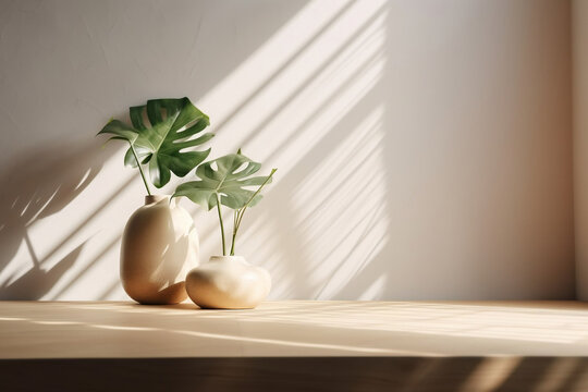 Ambiente 3d render de dois vasos de planta em cima de uma mesa de madeira com parede clara recebendo a luz do sol pela janela lateral
