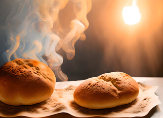 The photo shows beautifully baked bread that has been taken out of the oven. There is a slight puff of smoke around the bread. the inside looks soft and fluffy. Generative AI