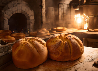 Two loaves of bread, placed on an old, wooden board. They are all freshly baked and have beautiful, golden skin colors. Generative AI