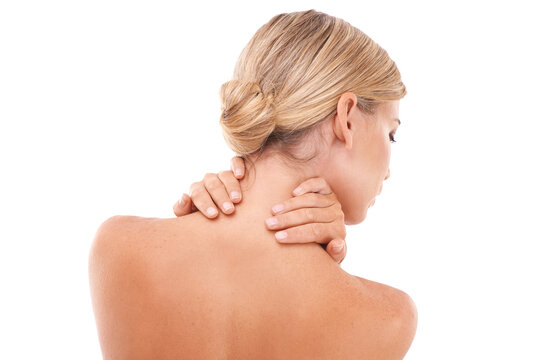 Blond woman, back and hands in skincare, beauty and touching neck on an isolated and transparent png background. Female with pain relaxing in self love or care