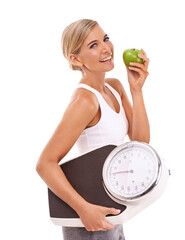 Woman, apple and carrying scale for diet, weightloss or healthy nutrition on an isolated and...