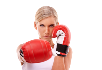 Portrait, woman and boxer training, match and fitness for competition, workout or girl on an isolated and transparent png background. Female athlete, fighter and lady with boxing gloves for practice