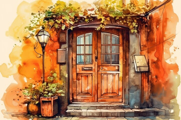 Fototapeta na wymiar Spring door in a quaint village, Nostalgic and charming, Intense lighting with warm colors Watercolor design graphic, vector, contour, white background. Generative Ai