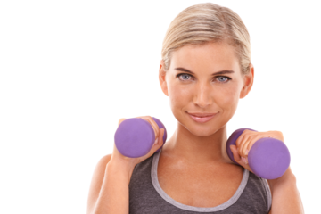 Portrait, dumbbells and woman at training, muscle and wellness by on an isolated and transparent png background. Weightlifting model, smile on face for fitness, workout or exercise with body goals
