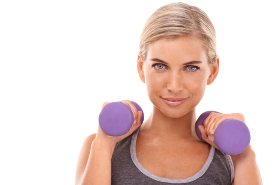Portrait, dumbbells and woman at training, muscle and wellness by on an isolated and transparent png background. Weightlifting model, smile on face for fitness, workout or exercise with body goals