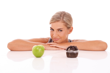 Woman, diet and choose with apple, muffin and unsure girl on an isolated, transparent png background. Female, lady and decide between fruit, chocolate dessert or snack for lunch, thinking or choice