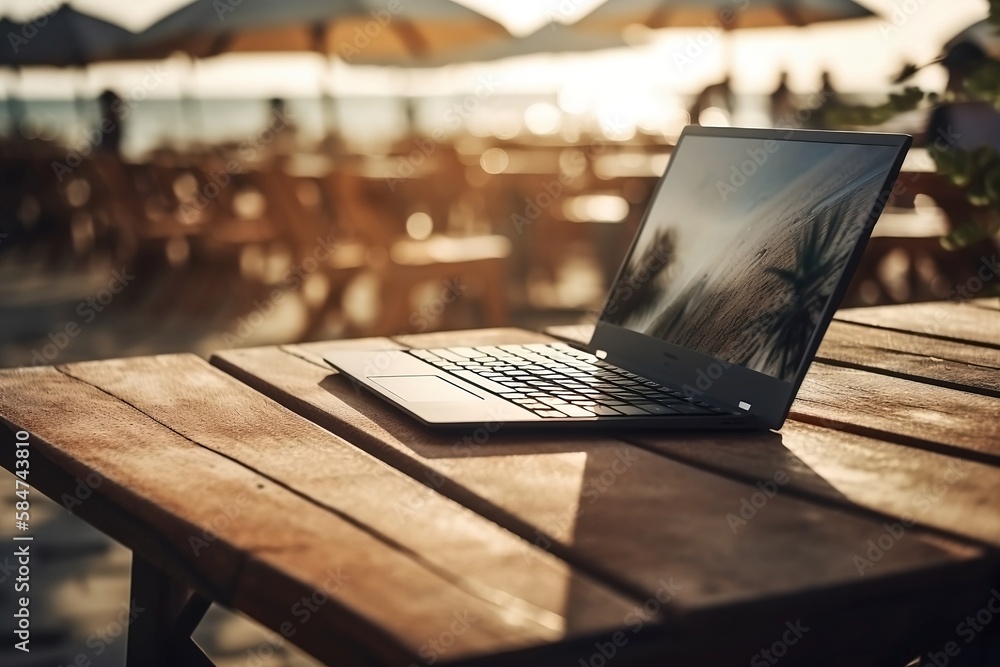 Poster close up of laptop and notebook on table with blurred beach background