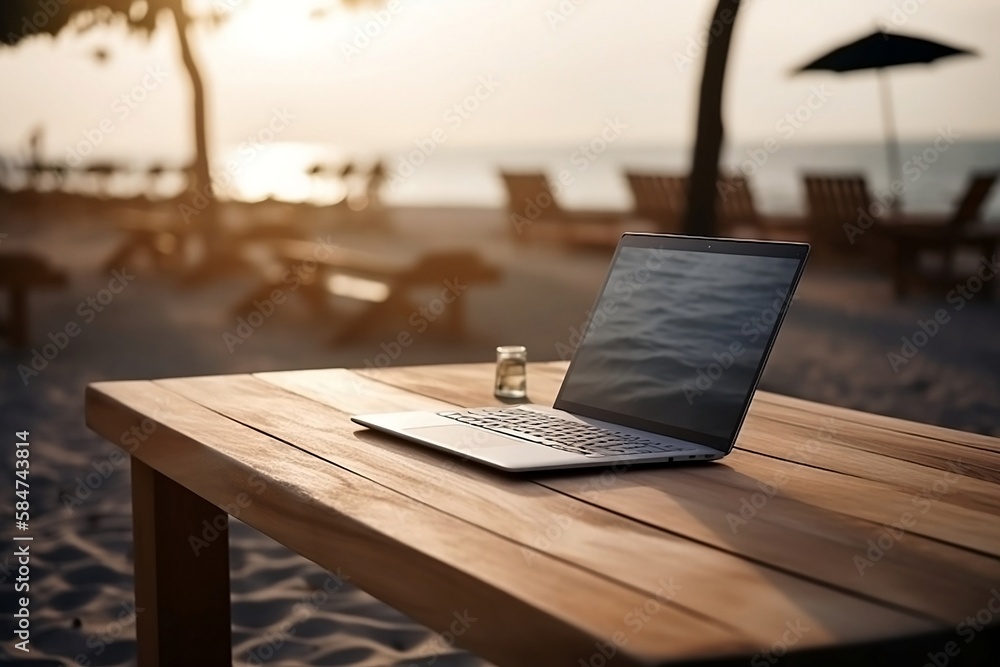 Poster close up of laptop and notebook on table with blurred beach background