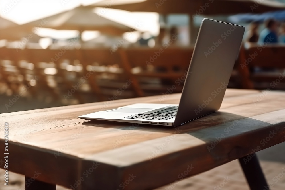 Poster close up of laptop and notebook on table with blurred beach background