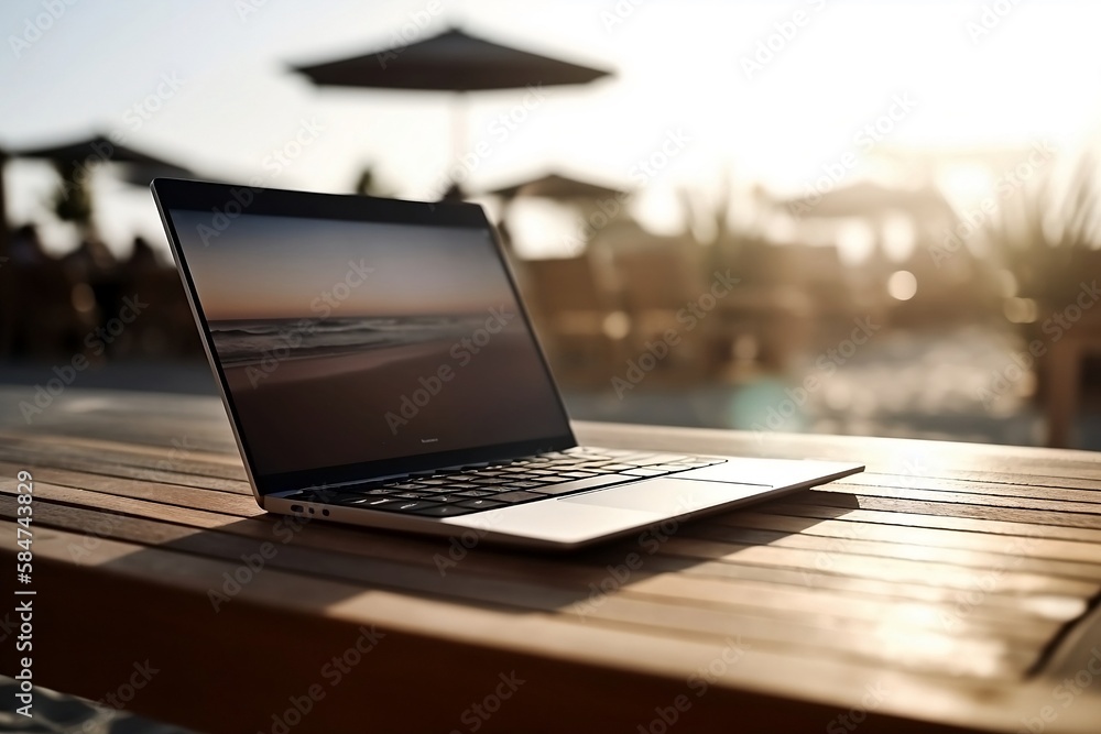 Poster close up of laptop and notebook on table with blurred beach background
