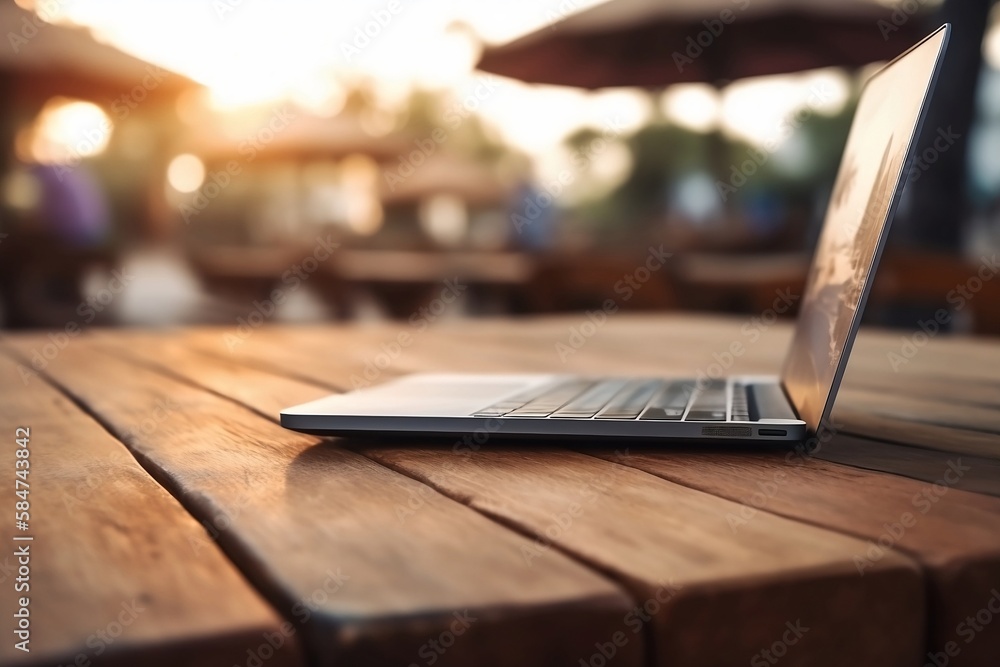 Poster close up of laptop and notebook on table with blurred beach background