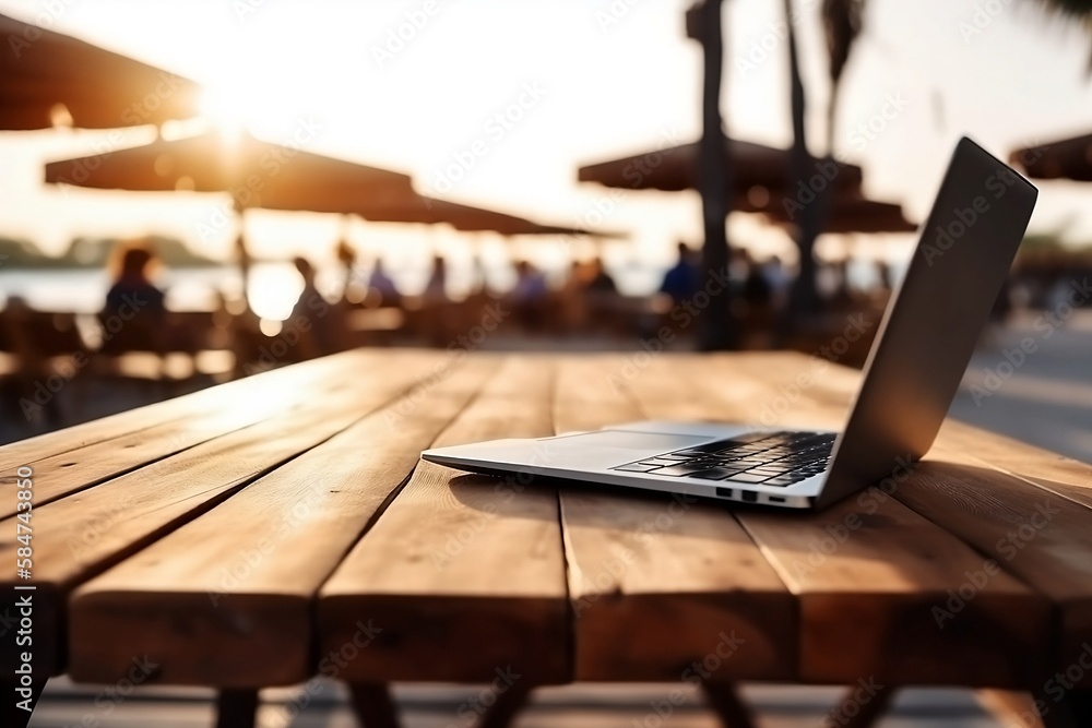 Poster close up of laptop and notebook on table with blurred beach background