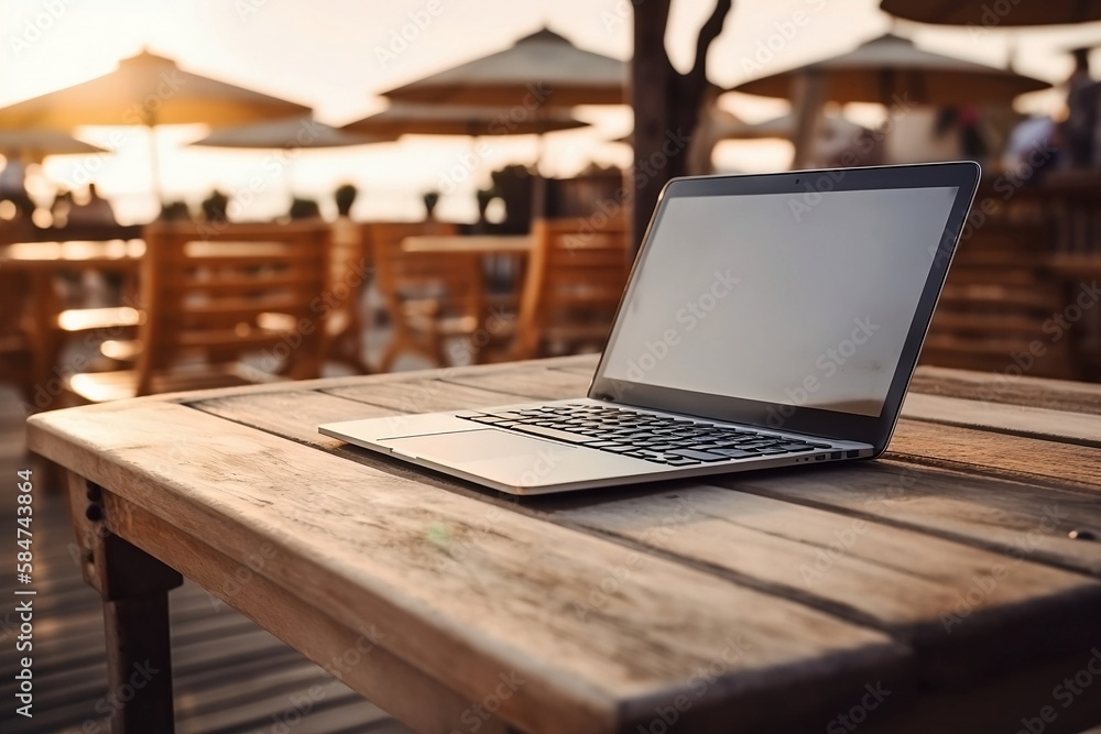 Poster close up of laptop and notebook on table with blurred beach background