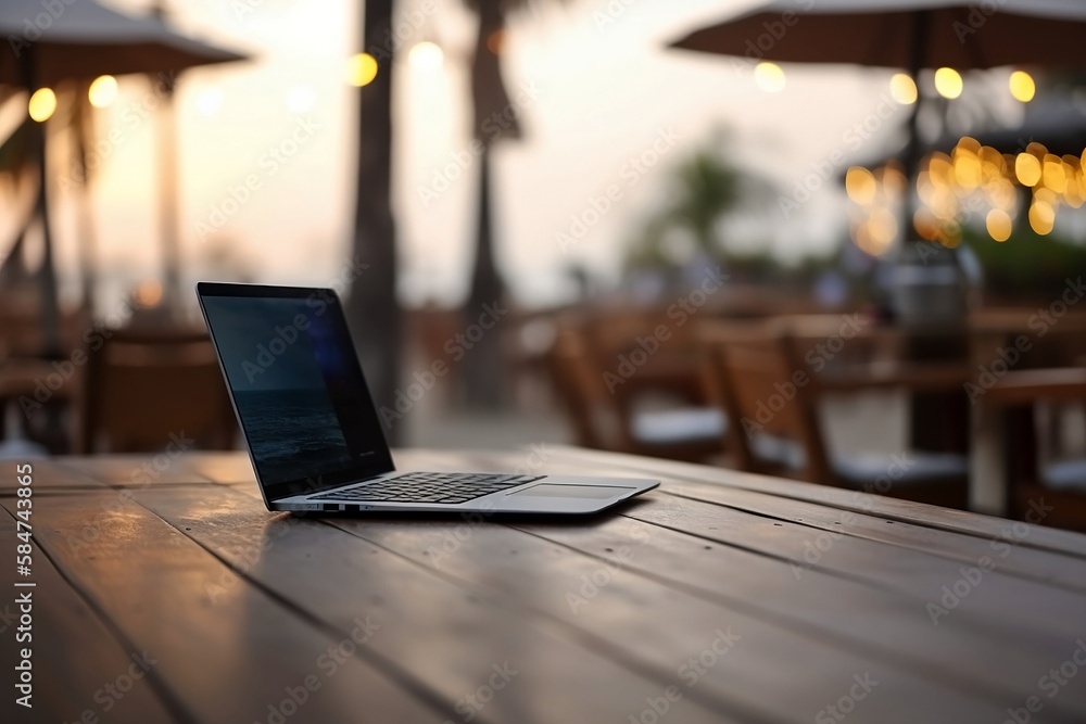 Poster close up of laptop and notebook on table with blurred beach background