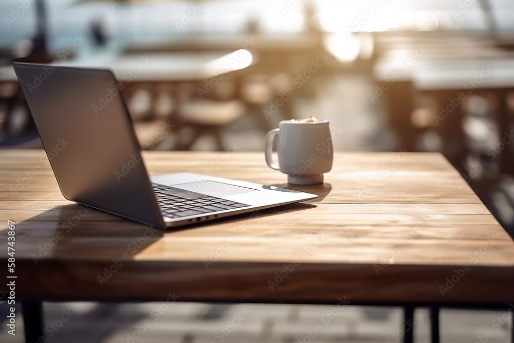 Poster close up of laptop and notebook on table with blurred beach background