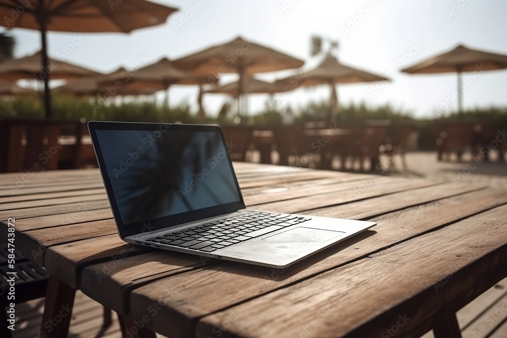 Poster close up of laptop and notebook on table with blurred beach background