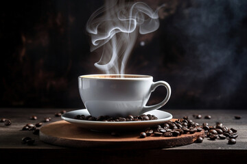 Fototapeta premium A cup of hot coffee surrounded by coffee beans and steam