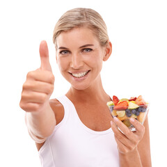 Diet, fruit salad and portrait of woman with thumbs up, eating healthy and happy on an isolated and...