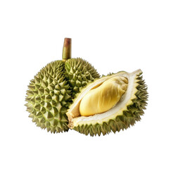 Obraz premium Durian fruit with cut in half and leaves, isolated on transparent background