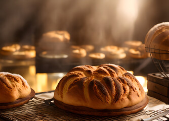 Two loaves of bread, placed on an old, wooden board. They are all freshly baked and have beautiful, golden skin colors. Generative AI