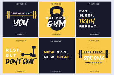 Modern templates with motivational quotes for social networks. Gym motivational and inspirational design templates for post, poster, logo etc. Workout vintage design with barbell. Vector illustration