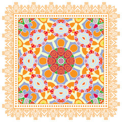 Decorative doodle ornament, symmetric pattern with lace frame. Tribal ethnic mandala decor. Bandana shawl, hijab, tablecloth fabric print, silk neck scarf, kerchief design. Colorful vector background
