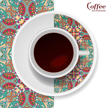 Cup of coffee with colorful ornament on a saucer and vertical seamless floral geometric pattern. Business coffee break concept, interior design background. Isolated coffee cup and plate decor element