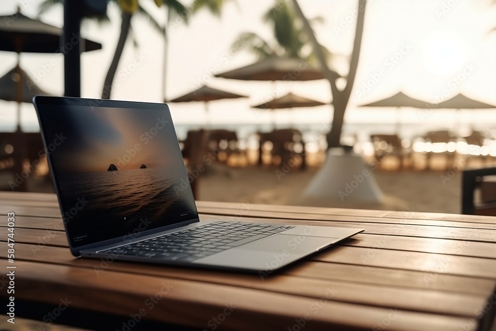 Poster close up of laptop and notebook on table with blurred beach background