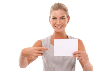 Business, mockup and portrait of woman pointing, smile and marketing manager on an isolated, transparent png background. Entrepreneur, boss and employee with brand development, advertising and poster