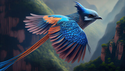 A Beautiful and Imaginary Blue Bird with a Long Tail Flying Over Zhangjiajie Mountain AI Generative
