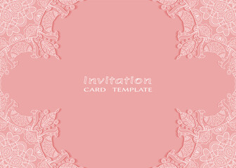 Invitation or Card template with lacе frame border, doodle line pattern, mandala element. Decorative openwork filigree art background for Wedding, Valentine's day greeting card, Birthday Invitation