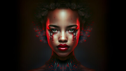 Cyberpunk fantasy girl with green eyes and red lips with red lighting on a dark background created with Generative AI technology