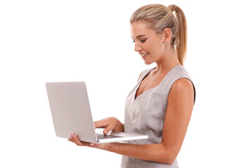 Laptop, typing and profile of business woman or trader review financial portfolio, stock market or...