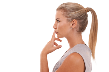 Thinking, profile and business woman or worker contemplate idea, corporate plan or marketing strategy. Professional vision, silence and model face on an isolated and transparent png background