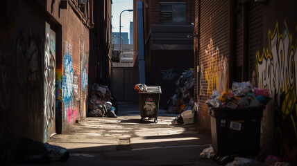 A gritty back alley in a run-down urban neighborhood, with graffiti-covered walls and overflowing trash cans, ai generative